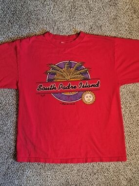 Vintage 90s Surf Stop South Padre Island TX Red Short Sleeve Shirt Size Medium